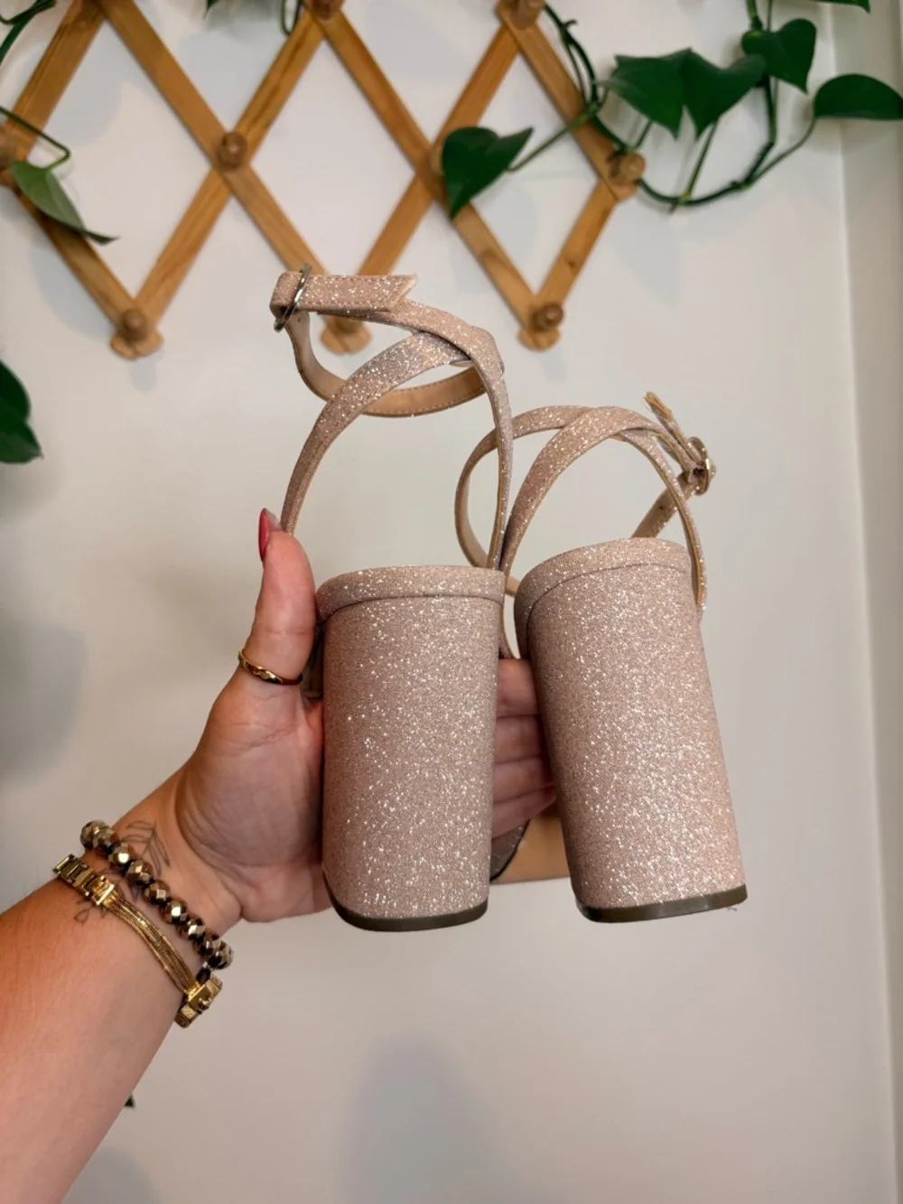 NINA Shelia Nude Glitter Net Block-Heel Platform Sandals With Ankle Strap